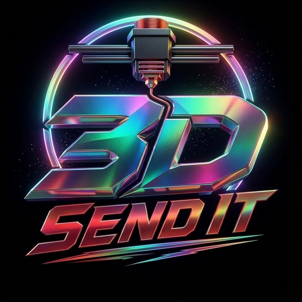 3DSendIt LLC logo featuring a stylized 3D printer nozzle and modern metallic design representing custom 3D printing, reverse engineering, replacement parts, and product development.