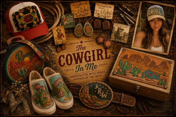 Western-themed cowgirl accessories and photo arranged on a wooden surface.