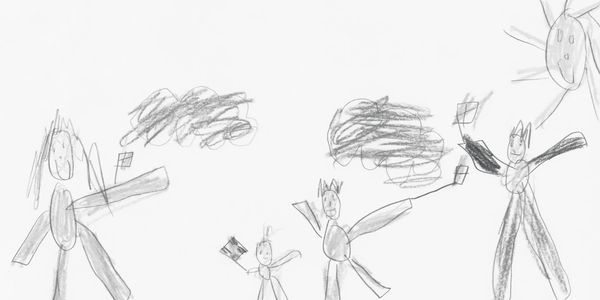 Child's pencil drawing of four people under clouds and a smiling sun.