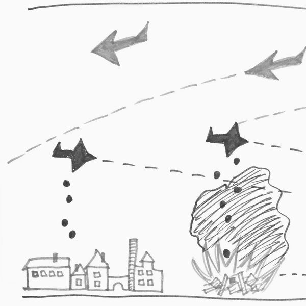 A sketch illustrating an aerial attack on a town with planes dropping bombs and paratroopers descending.