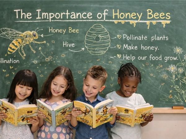 Four children reading about honey bees in front of a chalkboard with bee facts.