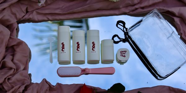 Travel-sized skincare set with brush and clear pouch on reflective surface framed by pink fabric and flowers.