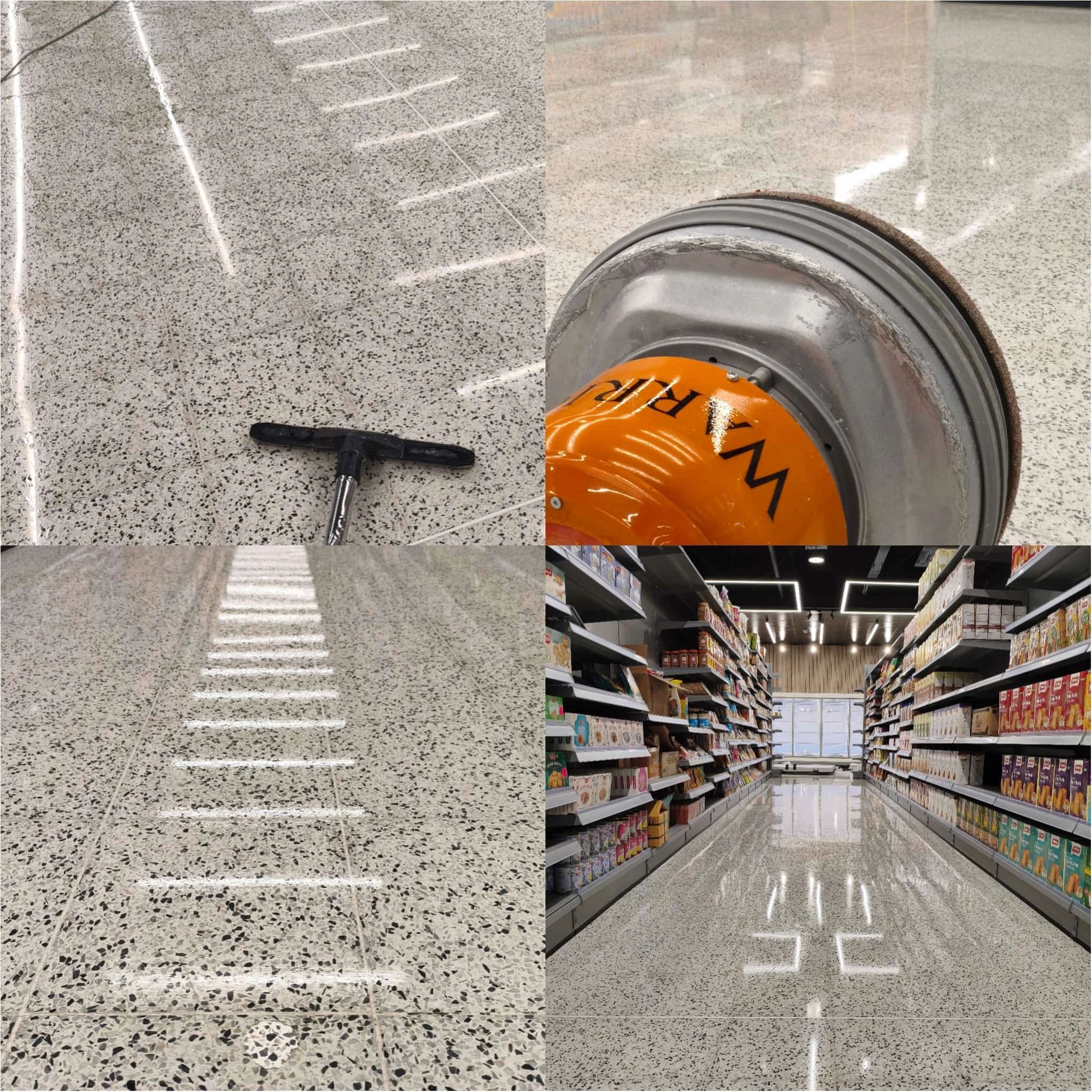 Polished supermarket floor with cleaning tools visible.