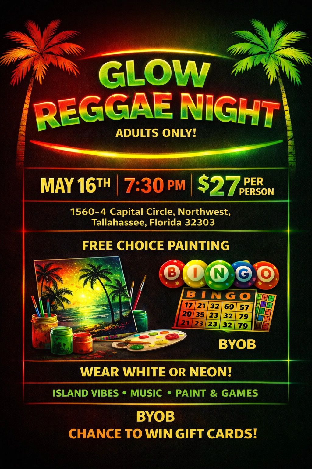Enjoy a fun evening of painting, great music, and laid-back island energy in a relaxed atmosphere.