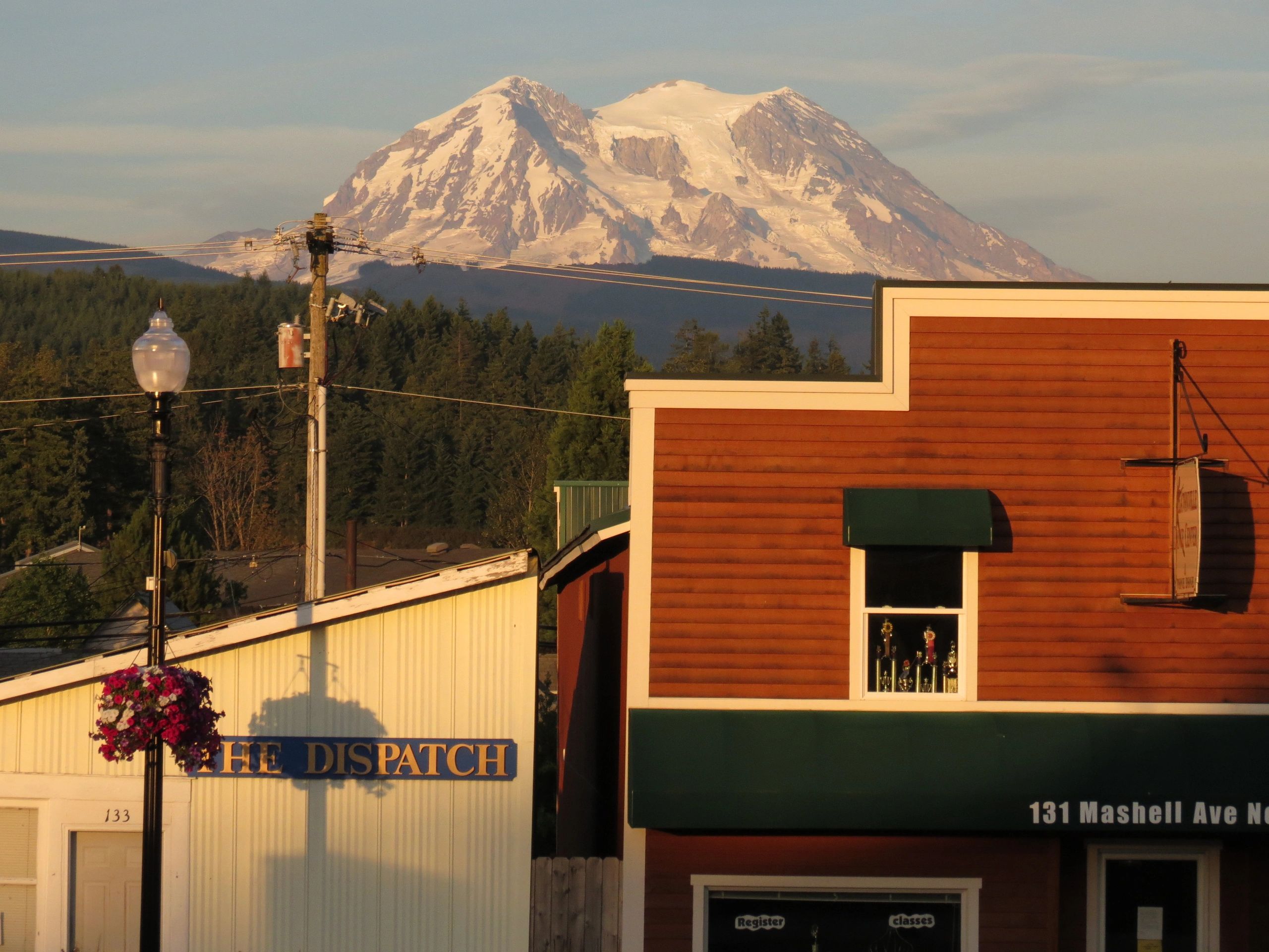 Mount Rainier as the backdrop to Eatonville, WA.