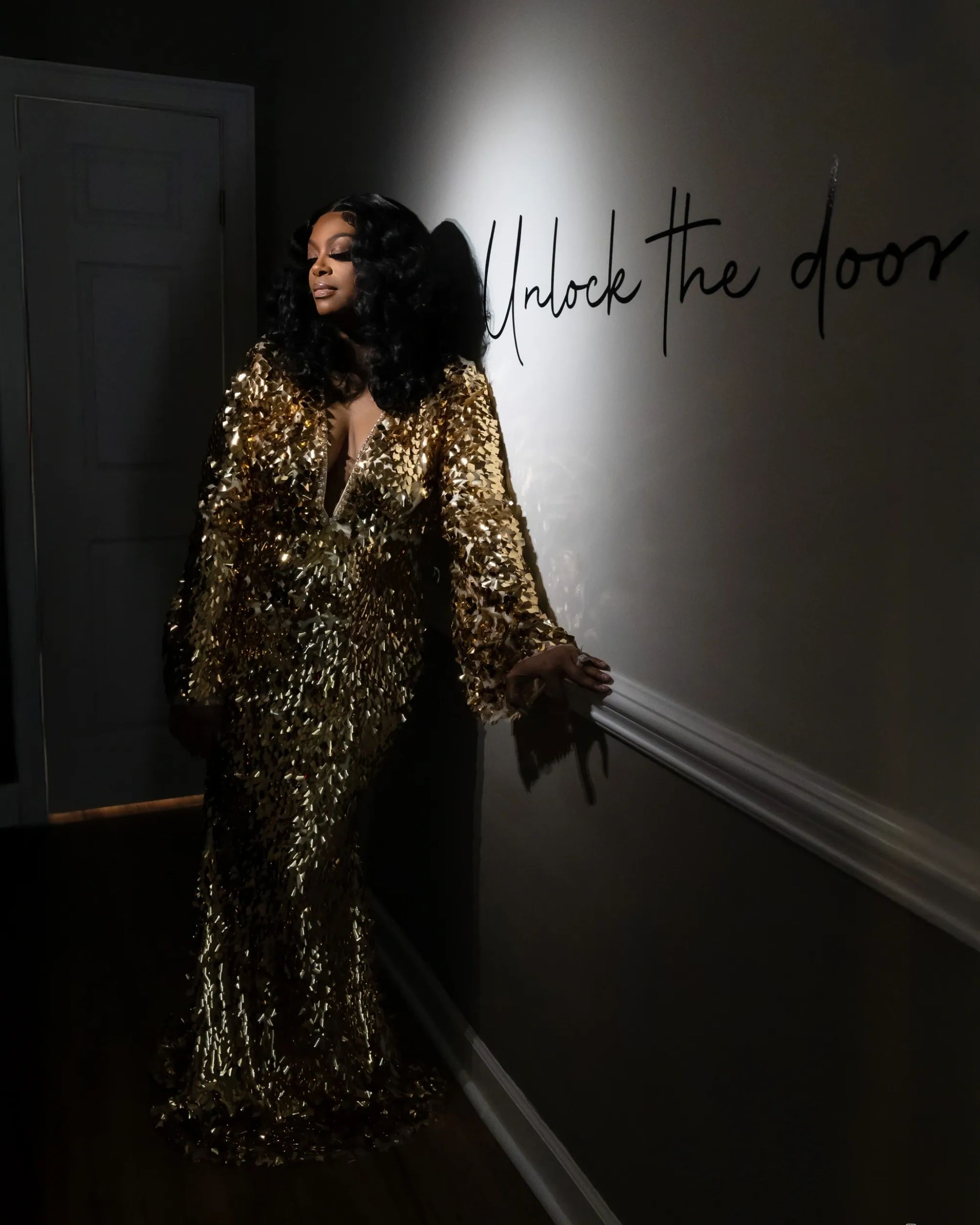 Luxury portrait of woman in gold sequin gown — editorial photography RedHed Photography Tallahassee