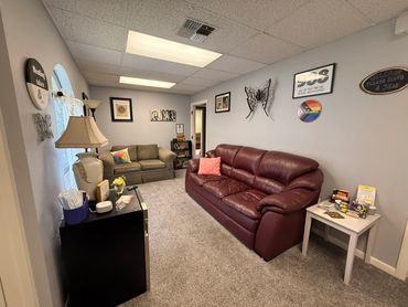 Waiting room with soft lighting.
