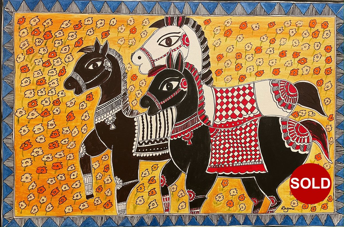 Horses - Mare and her foals in Spring in Madhubani Painting