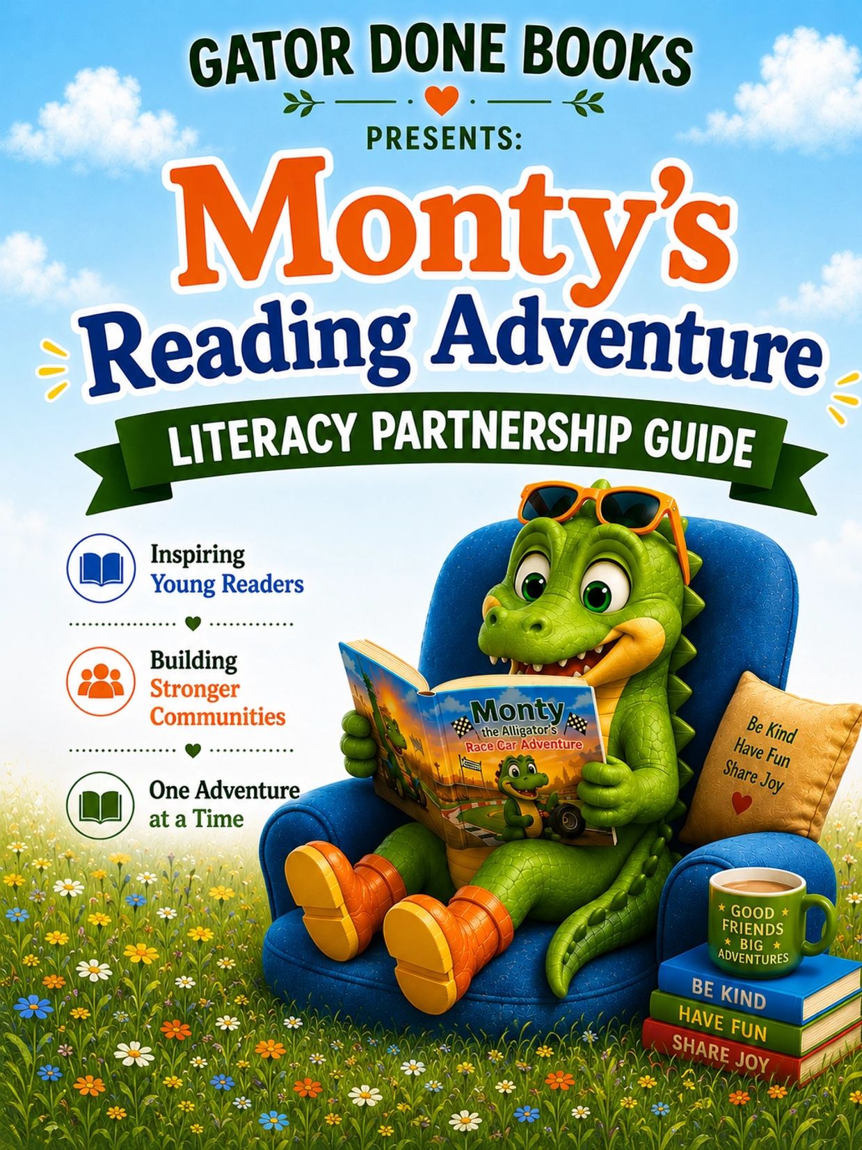 Monty the alligator reading to inspire young readers and build community.