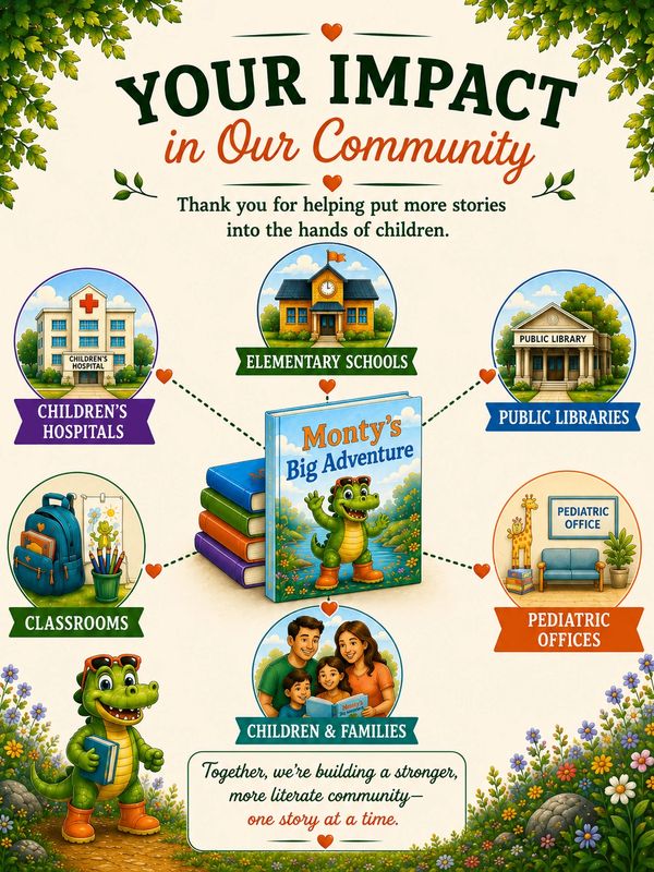 Illustration showing community impact through books in various child-related places.
