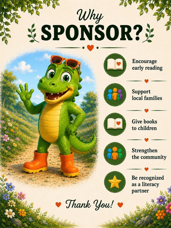 A cheerful dinosaur promoting sponsoring for literacy causes.