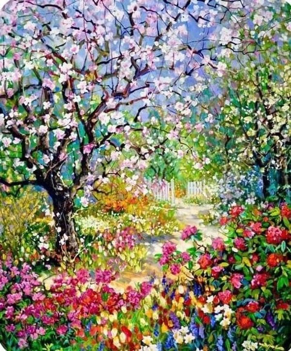 A vibrant garden path surrounded by blooming flowers and trees under a bright sky.