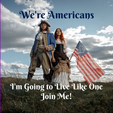 Two people in colonial attire holding an American flag with patriotic text.