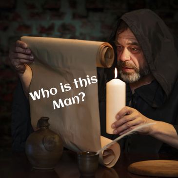 A hooded man reads a scroll by candlelight asking, 'Who is this Man?'