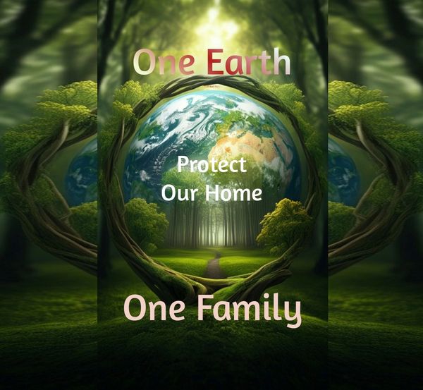 Earth embraced by trees with message to protect our home and family.