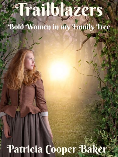 Book cover showing a woman in historical attire in a glowing forest path.