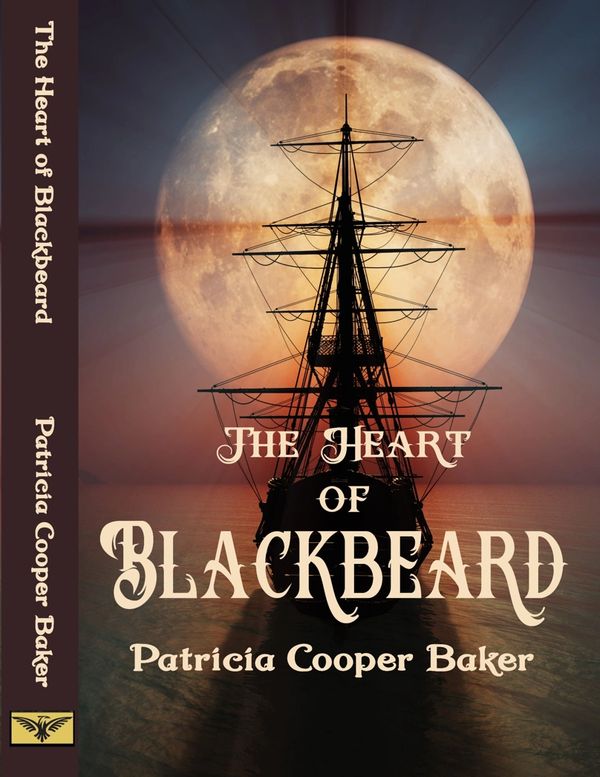Book cover with a ship silhouette against a large moon titled The Heart of Blackbeard.