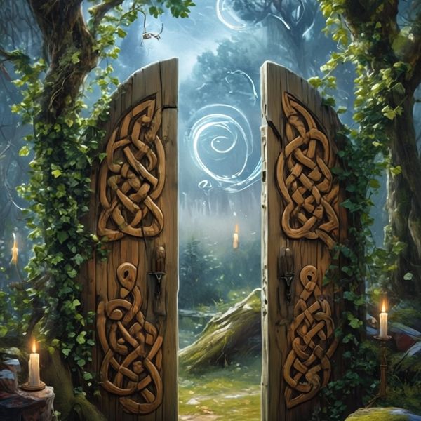 Ancient wooden doors with Celtic carvings open to a mystical forest.
