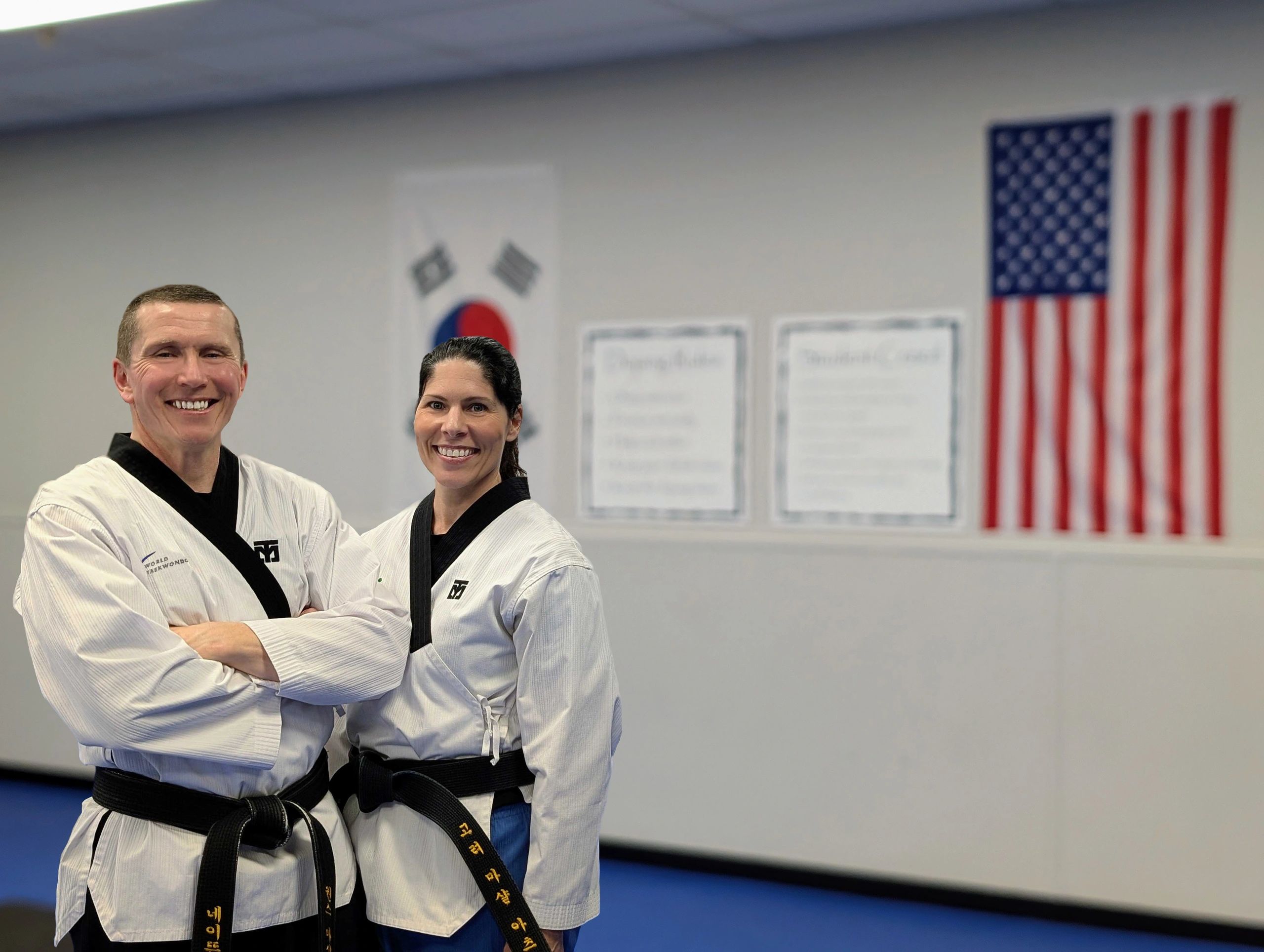 Owners Master Janice and Master Nathan Roseberry on the mats at Koryo Martial Arts in Clinton MA.