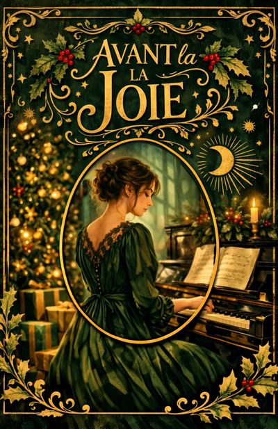 Elegant woman in green dress playing piano surrounded by Christmas decor.
