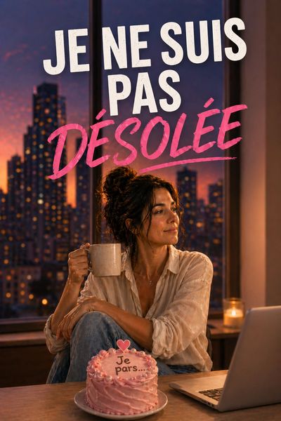 A woman holding a mug by a window with a pink cake and French text above her.