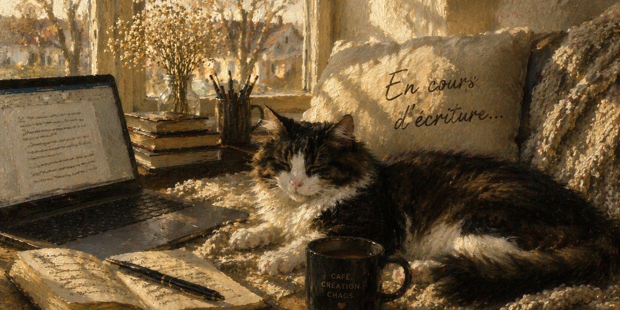 Cozy cat naps amidst books and coffee in a warm writing nook.