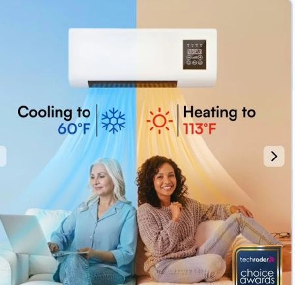 Air conditioner cooling to 60°F and heating to 113°F, with two women enjoying the different temperatures.