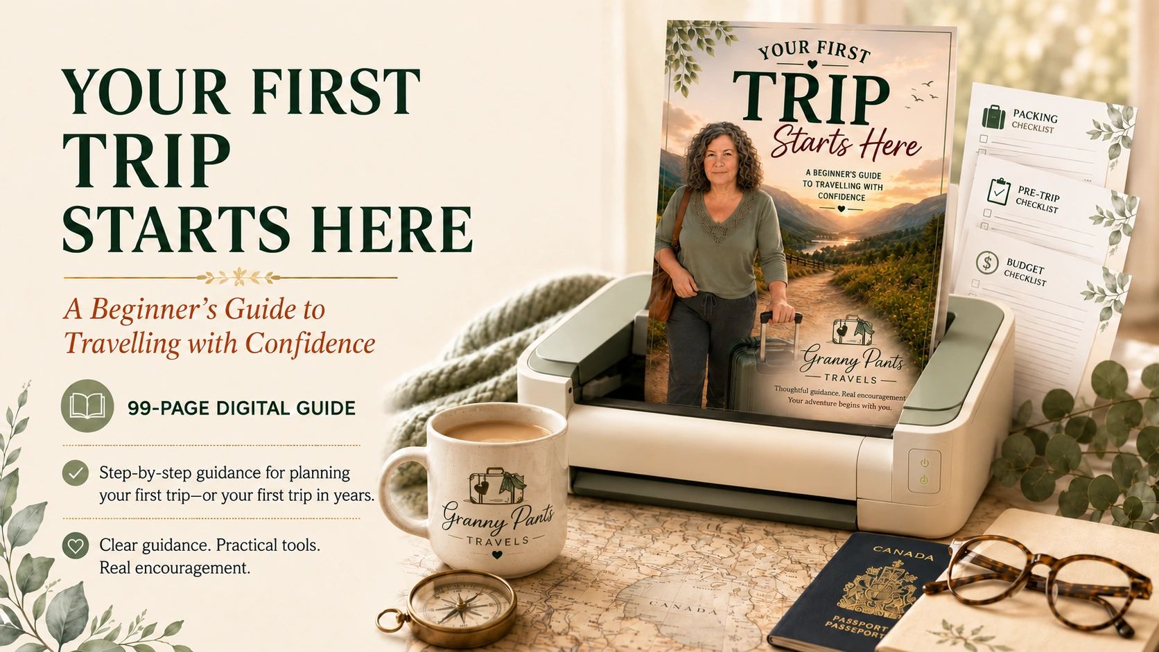 Cover of Your First Trip Starts Here, the Granny Pants Travels beginner’s guide to travelling with confidence.