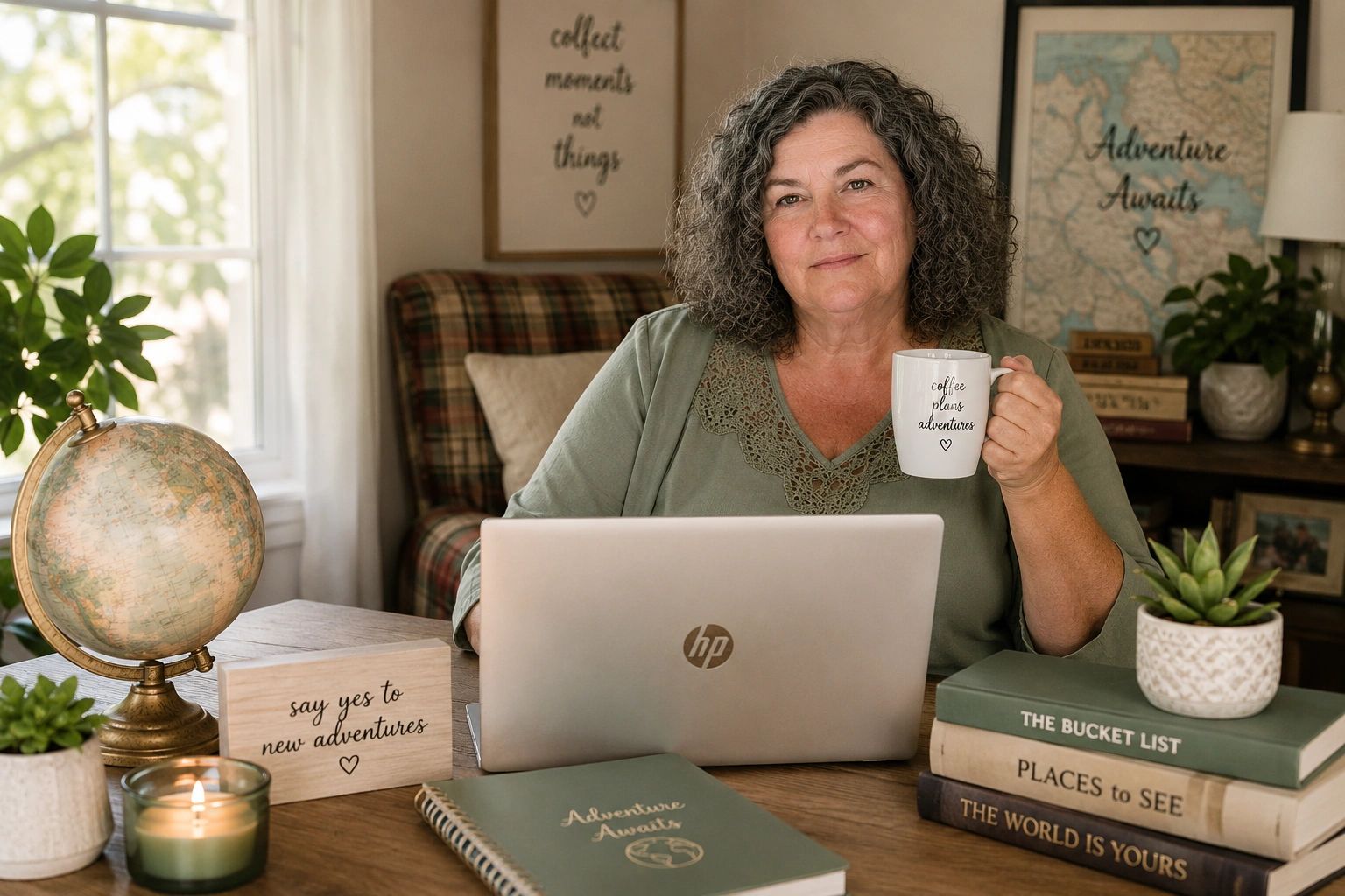 Woman holding a coffee mug at a desk with travel-themed books and decor.