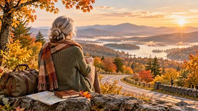 Woman enjoying autumn sunset over a scenic mountain lake.