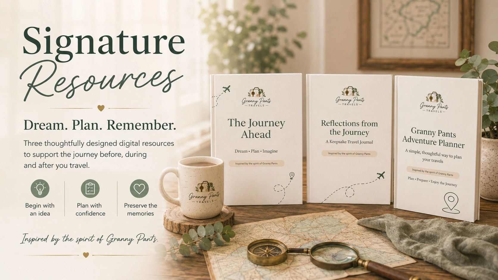 Granny Pants Travels Signature Resources featuring printable travel planners and reflection tools for planning and remembering your journeys.