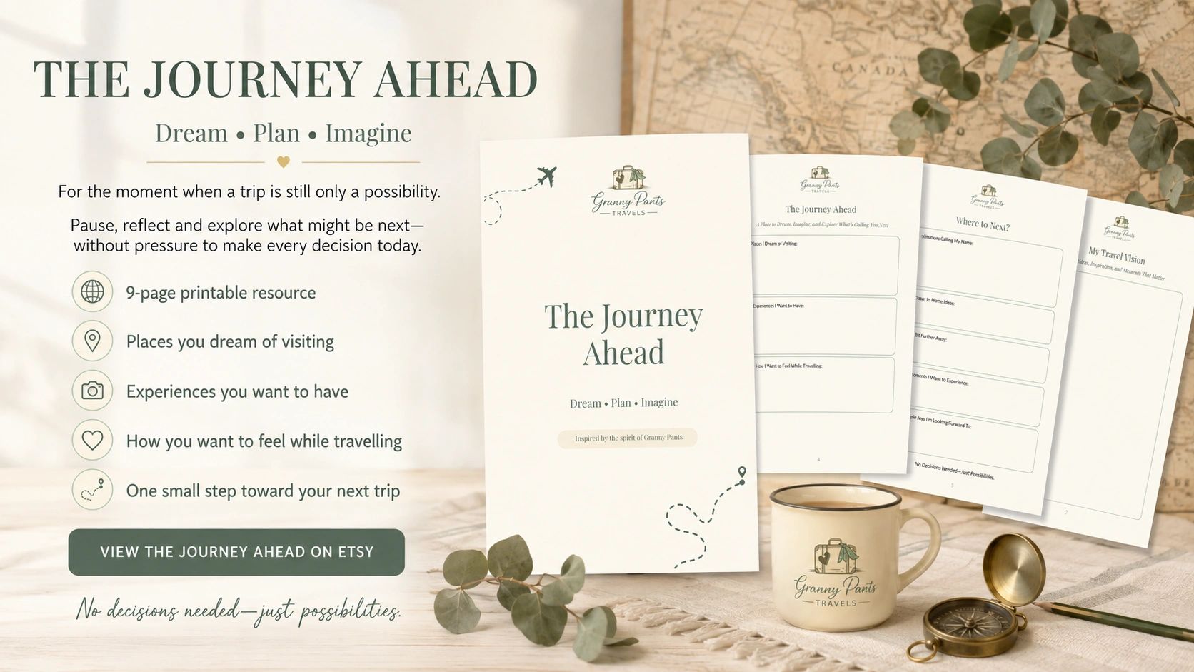 Granny Pants Travels printable resource The Journey Ahead, designed to help travellers dream, explore possibilities and begin planning a future trip.