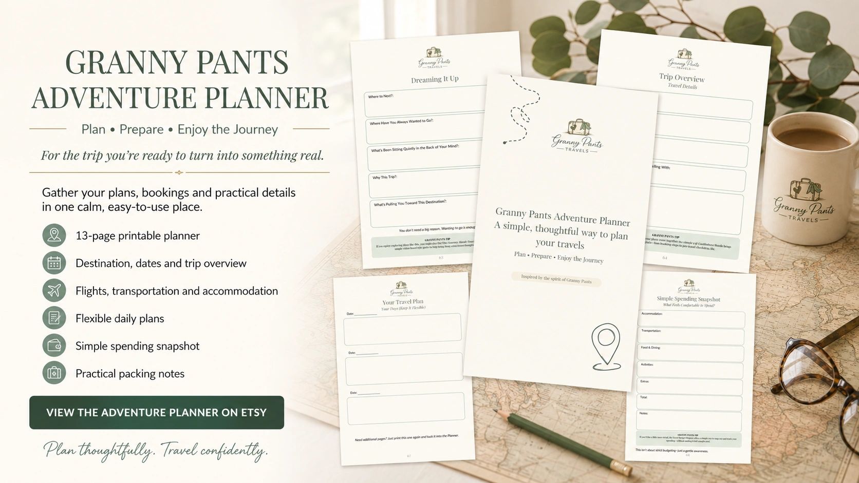Granny Pants Adventure Planner with printable pages for organizing travel details, bookings, transportation, accommodation and packing.