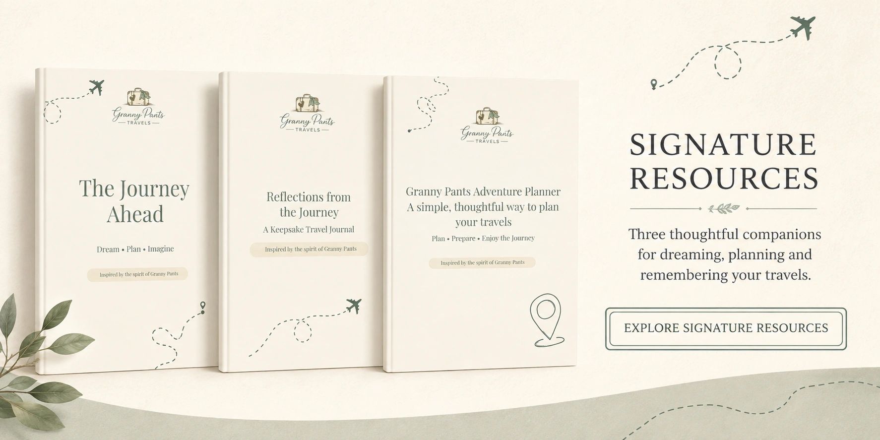 Granny Pants Travels Signature Resources featuring printable travel planners and reflection tools for planning and remembering your journeys..