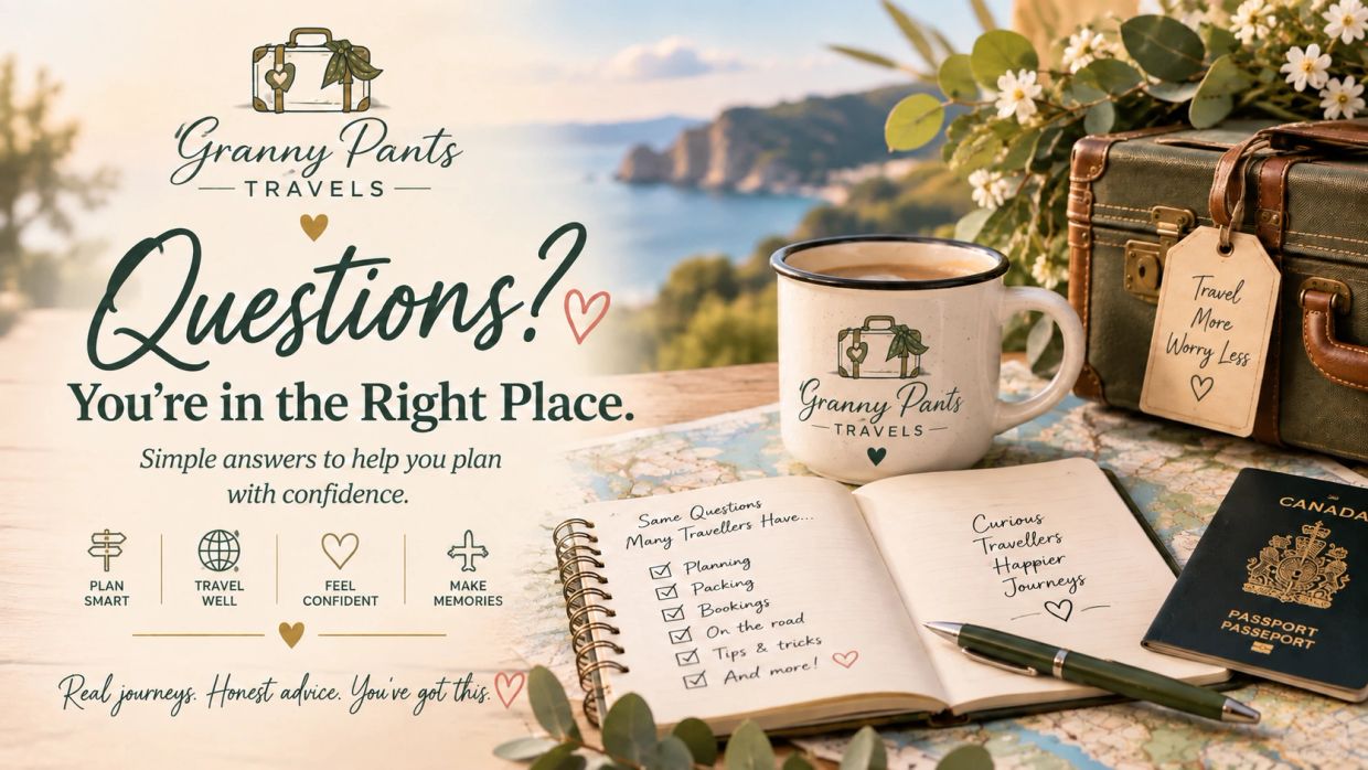 Granny Pants Travels FAQ featuring a travel planning notebook, branded mug, passport and suitcase.