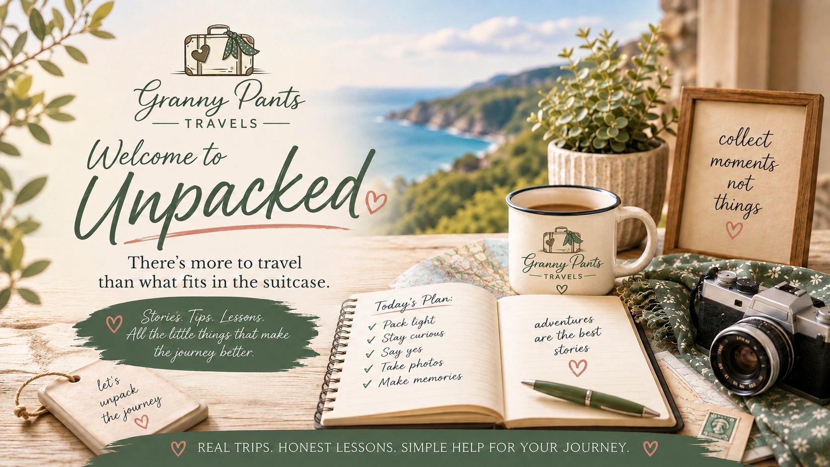 Granny Pants Unpacked travel journal scene with a branded mug, map, notebook and camera overlooking the coast.
