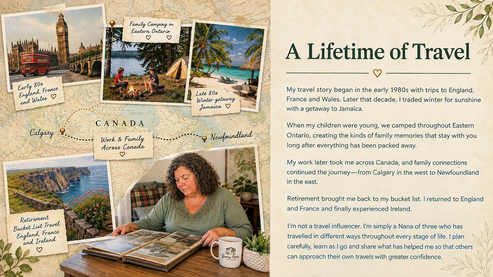 Sharon of Granny Pants Travels reflecting on a lifetime of travel experiences, adventures and memories that inspired her to help other travellers.