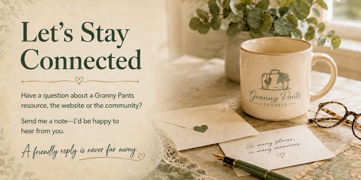 Granny Pants Travels contact image with a branded mug, stationery and an invitation to stay connected.