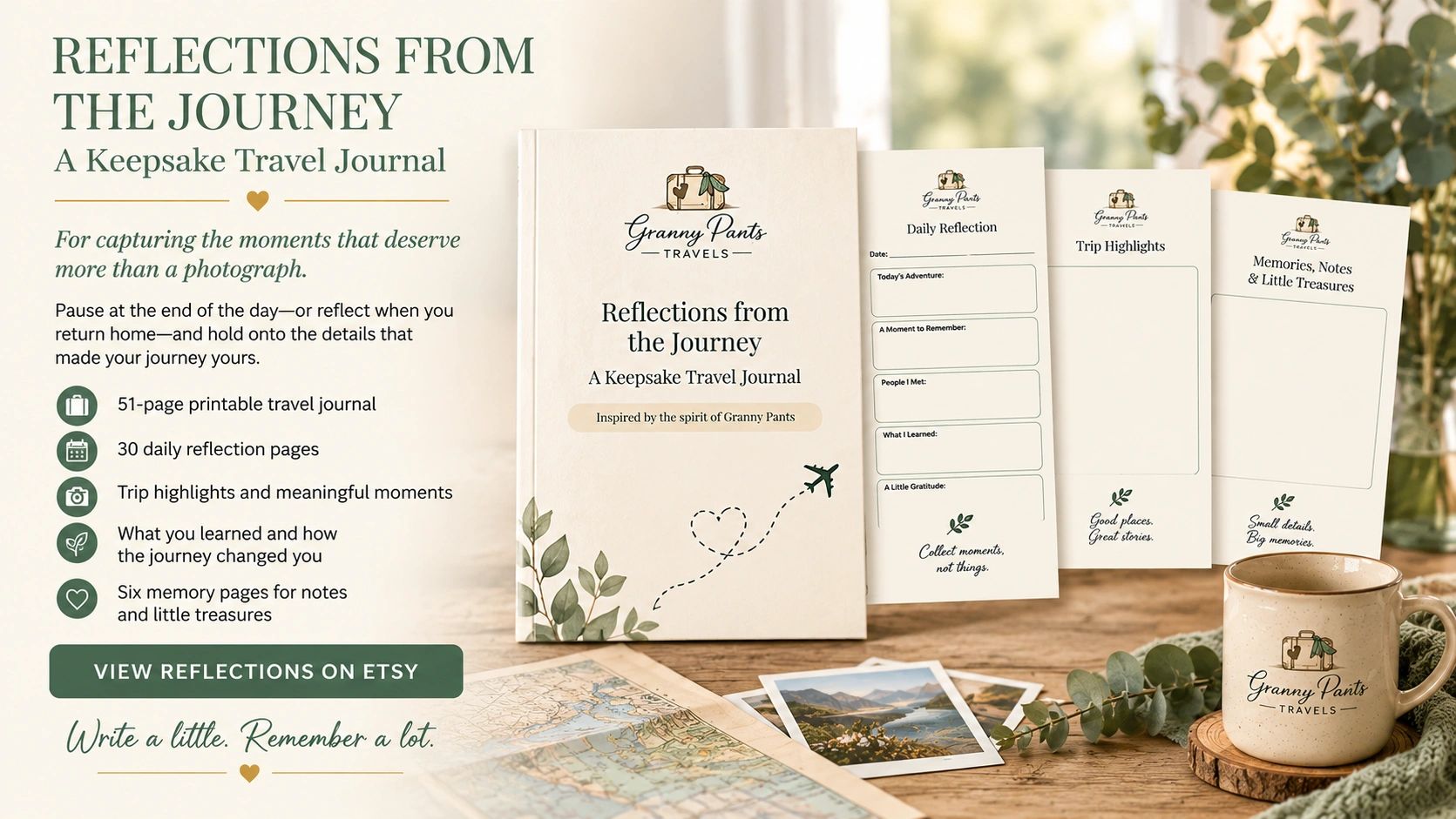 Granny Pants Travels Reflections from the Journey keepsake travel journal with pages for daily reflections, trip highlights and meaningful memories.