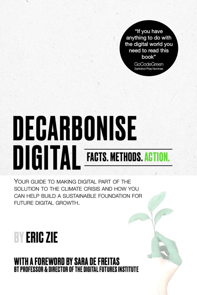 Front cover of Decarbonise Digital the book, words and description plus recommendations