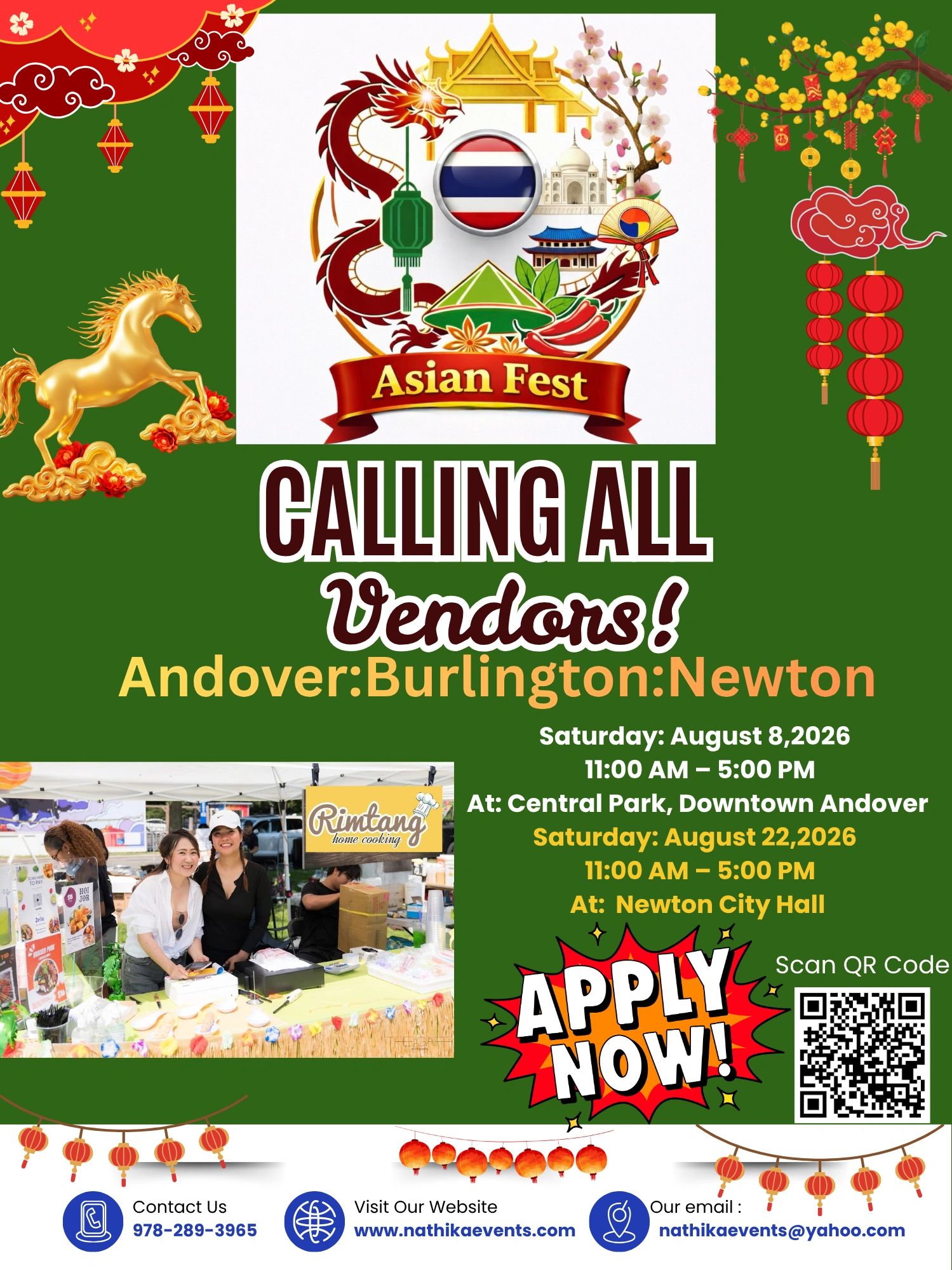 Asian Fest vendor call in Andover, Burlington, Newton on August 8 &amp; 22, 2026.
