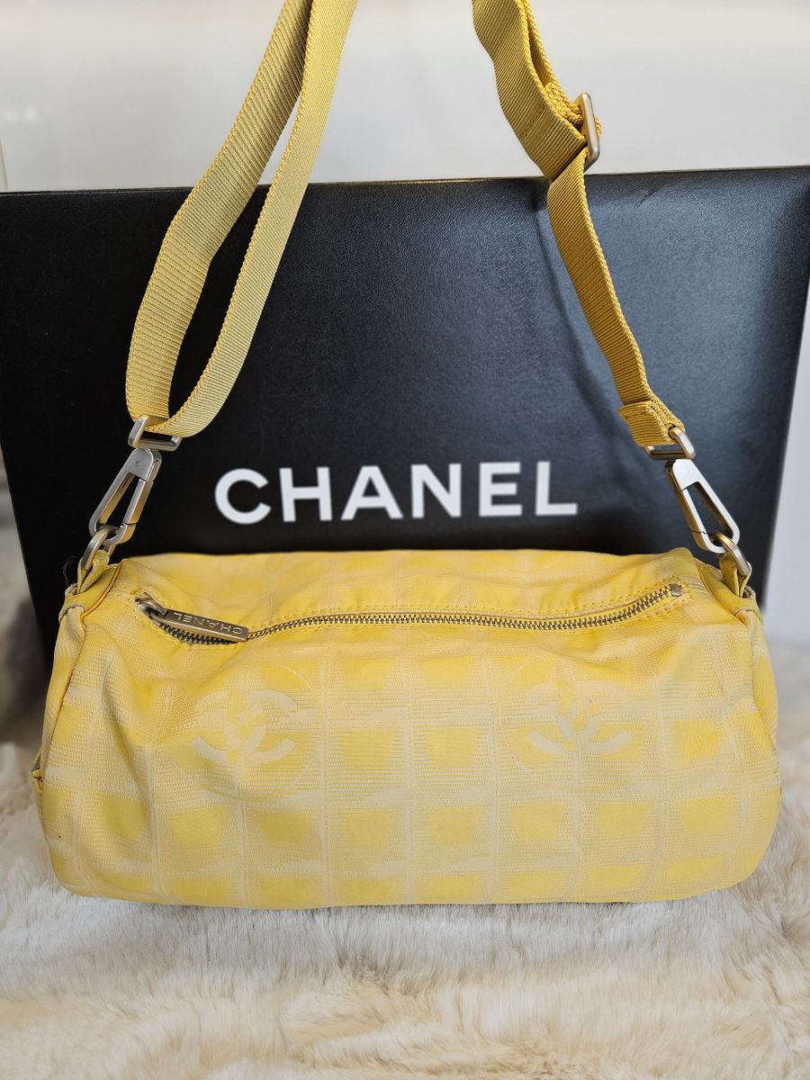 Chanel Yellow Travel Line Barrel Baguette Nylon Shoulder Bag