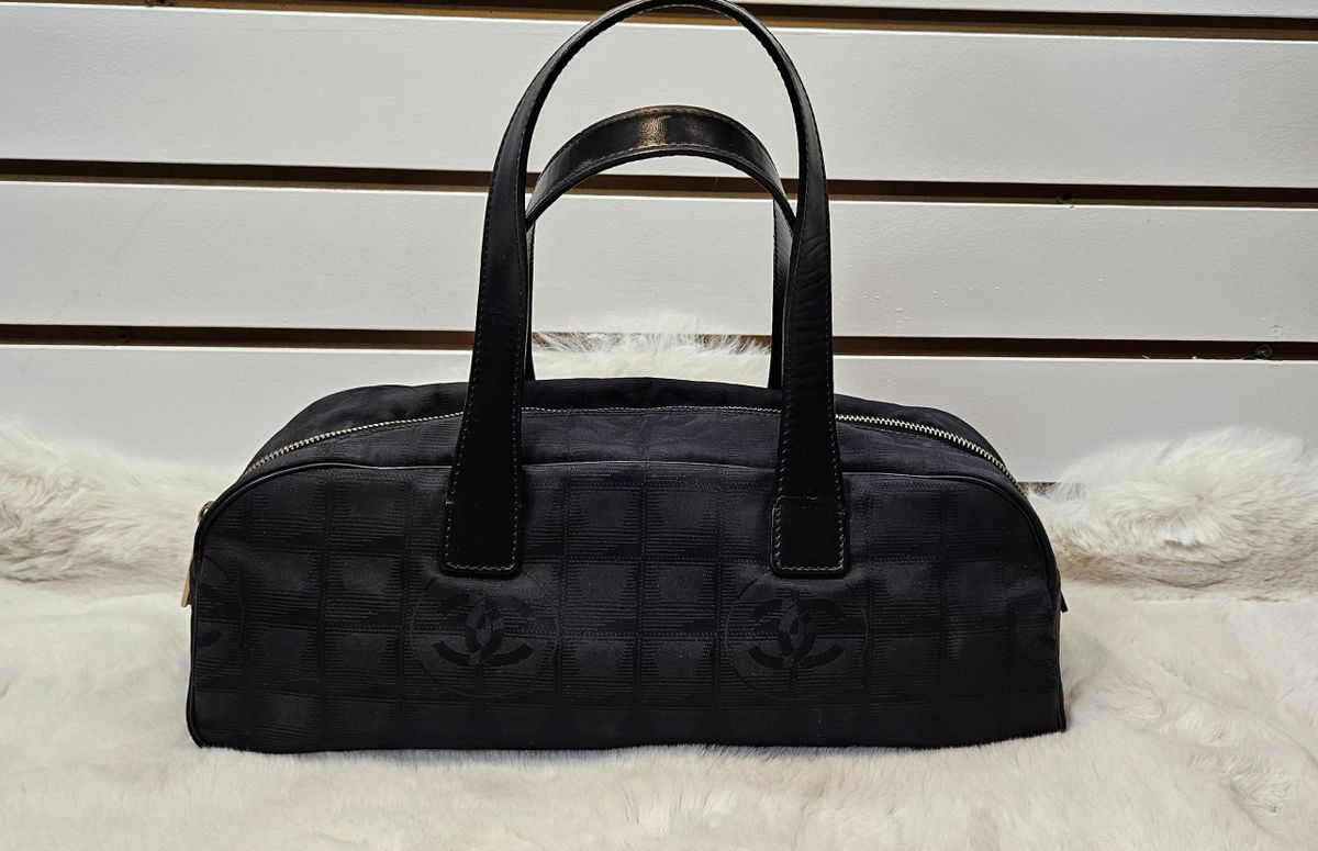 Chanel Black Printed Nylon Travel Line Bowler Bag