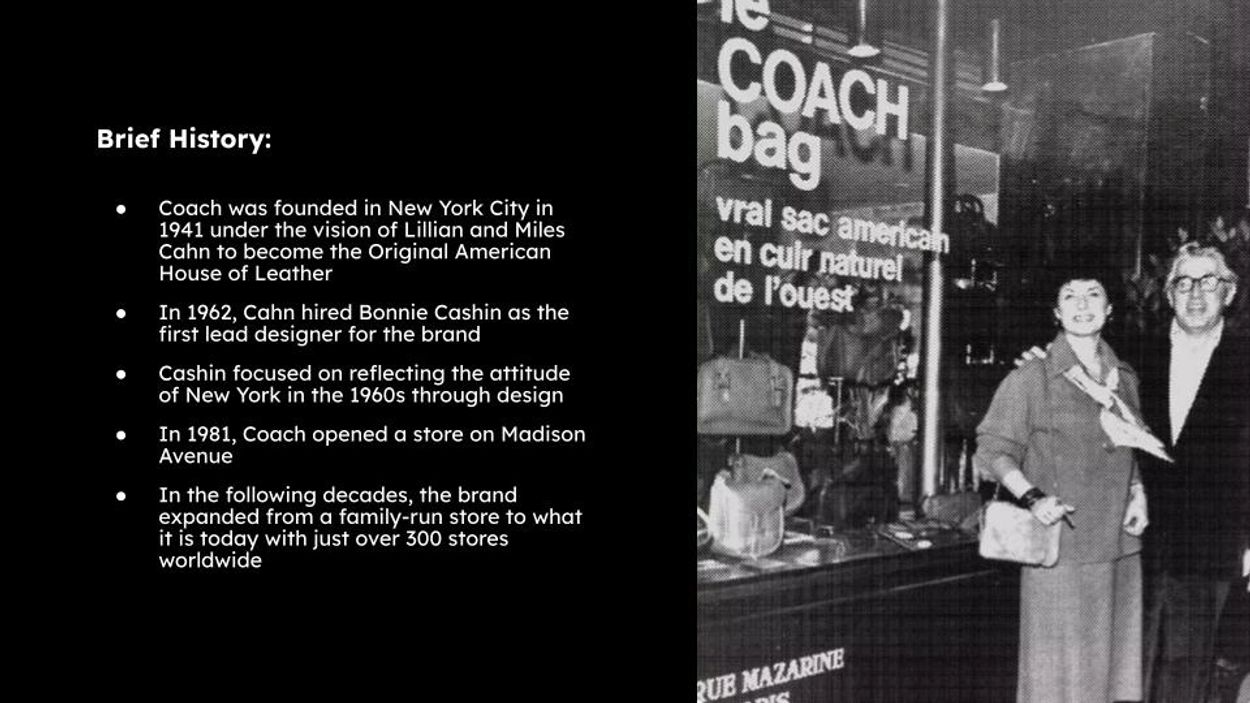 Historical overview of Coach brand with vintage photo of founders in front of a store.