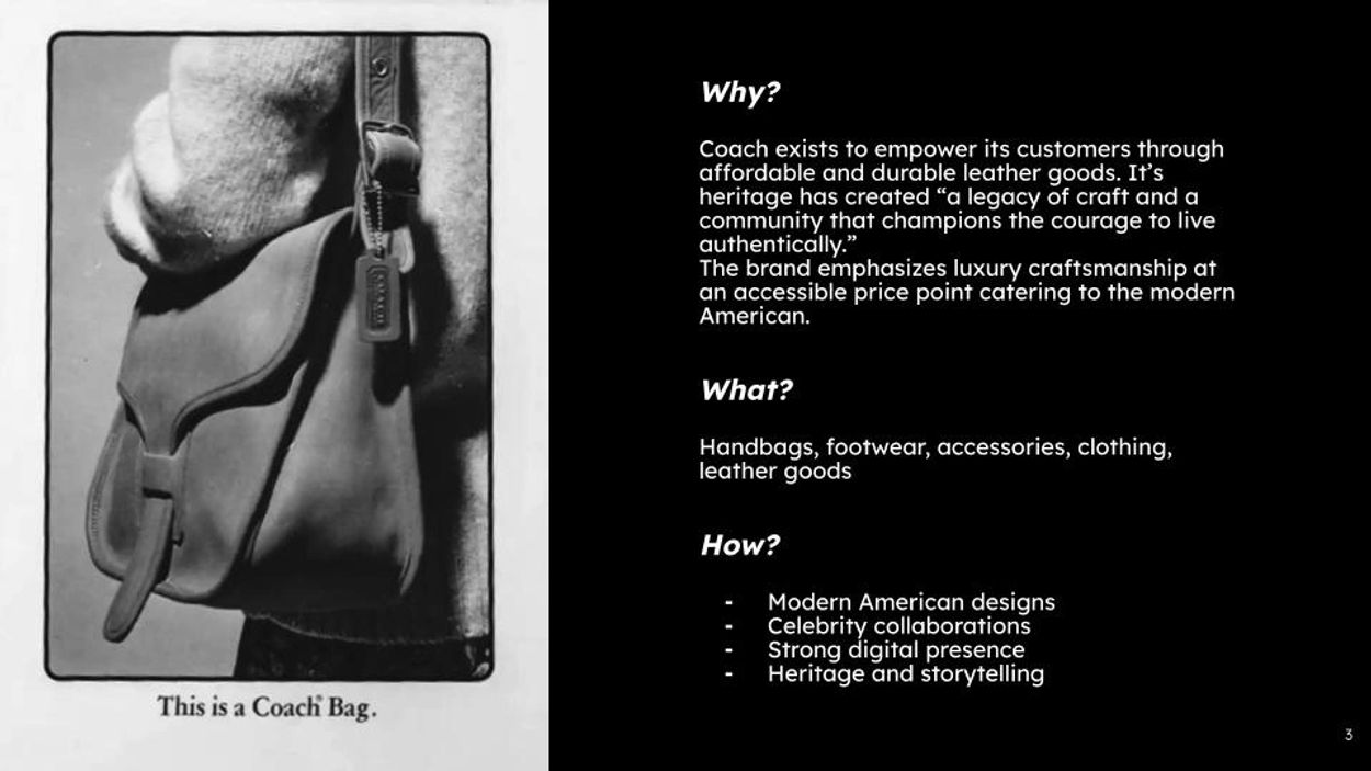 Coach bag and brand mission statement describing its purpose and product range.