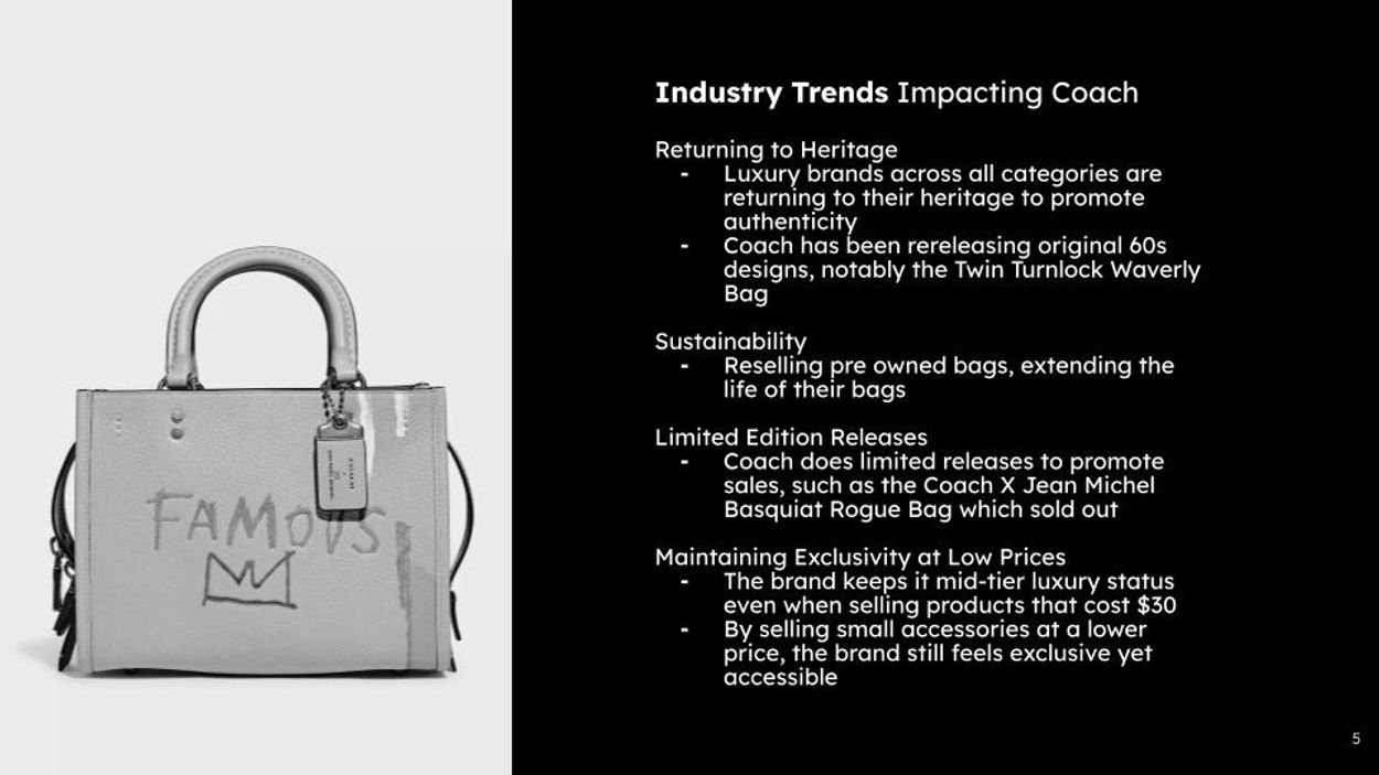 Coach handbag highlighting industry trends like heritage, sustainability, limited editions, and exclusivity.