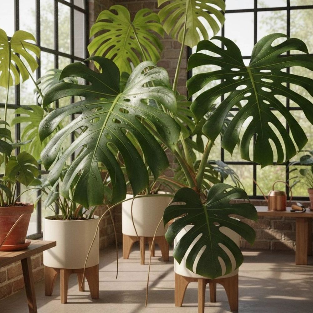 Monstera plants in white pots by large windows in a sunlit room.