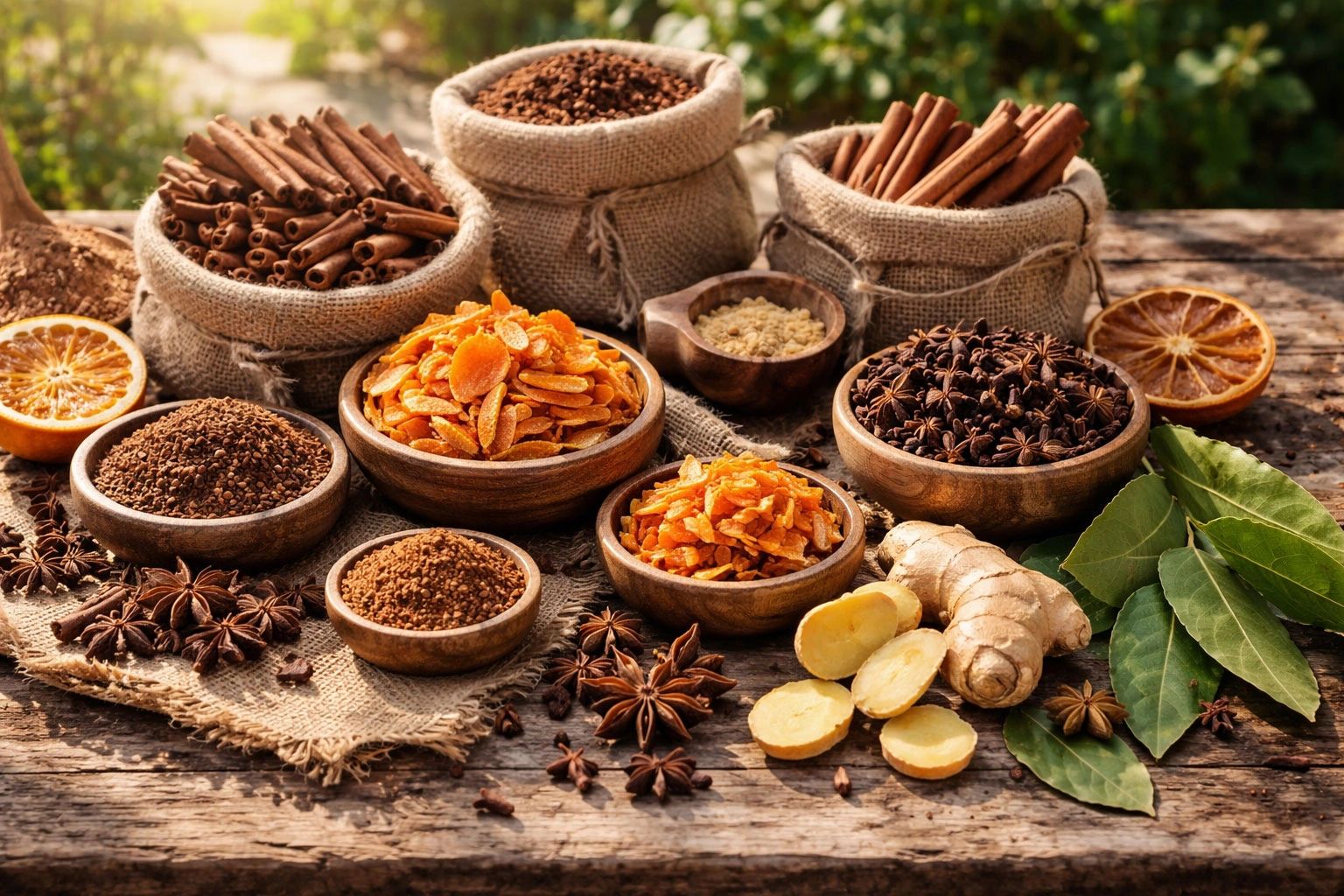 Various spices and dried herbs arranged on a wooden surface.