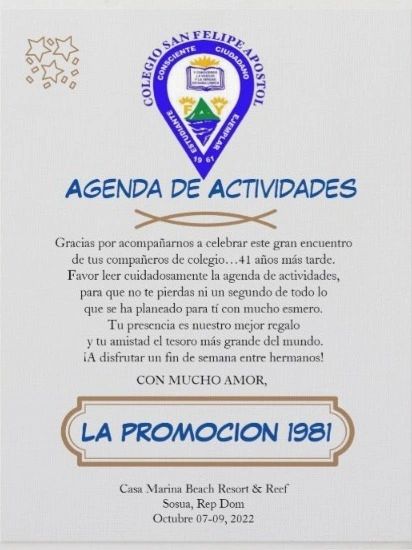 Invitation to Colegio San Felipe Apostol's 1981 reunion weekend in Sosua, Dominican Republic.