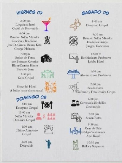 Programa de actividades para viernes, sábado y domingo con eventos sociales y ceremoniales.